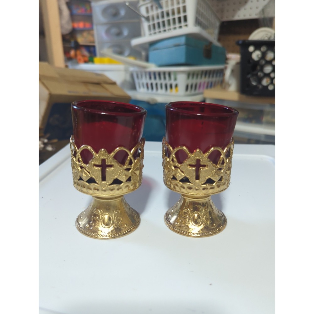 Vintage Pair Of Gold Color Metal Votive Catholic cups or candle holders